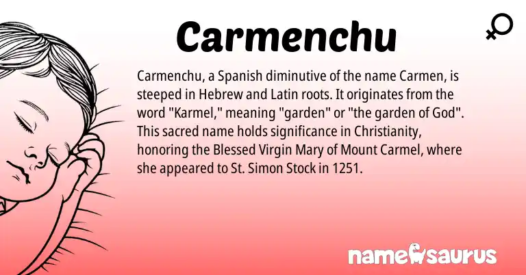 Infographic about Carmenchu name meaning, Carmenchu is a name from Spanish, Christianity, Latin, Hebrew origin(s).