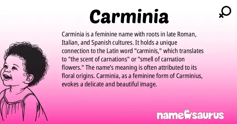 Infographic about Carminia name meaning, Carminia is a name from Late Roman, Italian, Spanish, Spanish (Latin American) origin(s).
