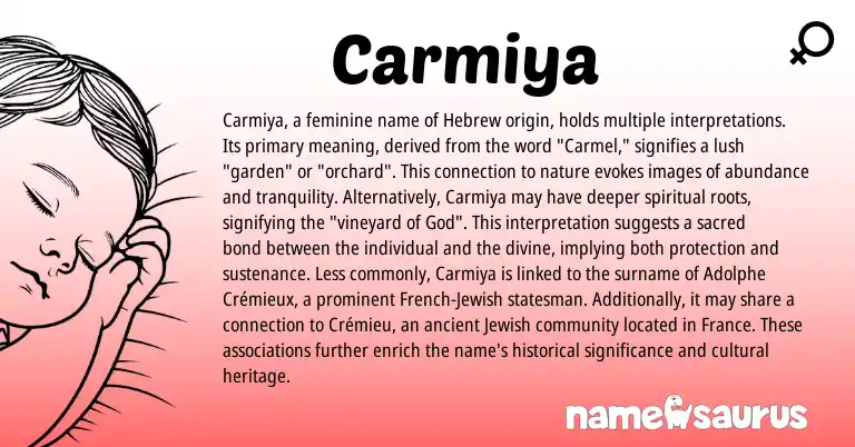 Infographic about Carmiya name meaning, Carmiya is a name from Jewish, French, Hebrew origin(s).