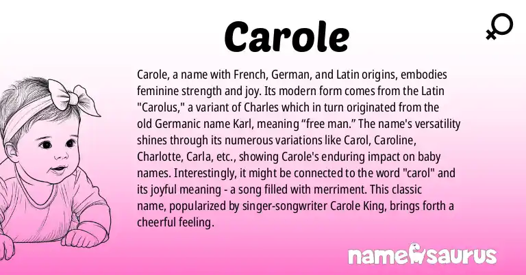 Infographic about Carole name meaning, Carole is a name from French, German, Latin origin(s).