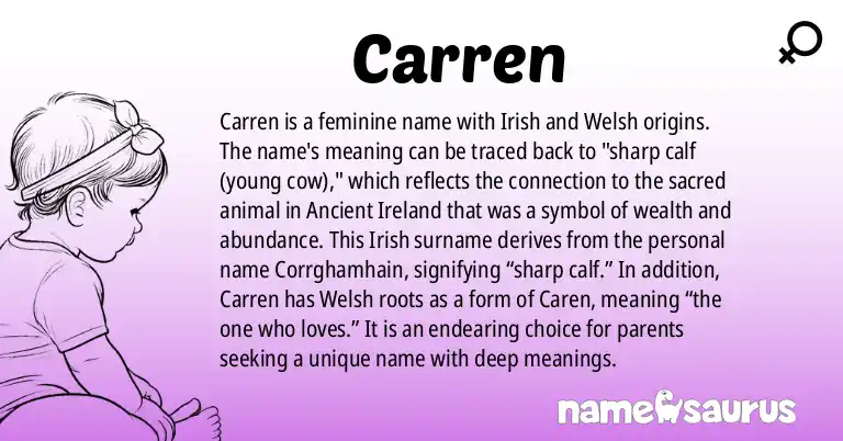 Infographic about Carren name meaning, Carren is a name from Irish, Welsh origin(s).