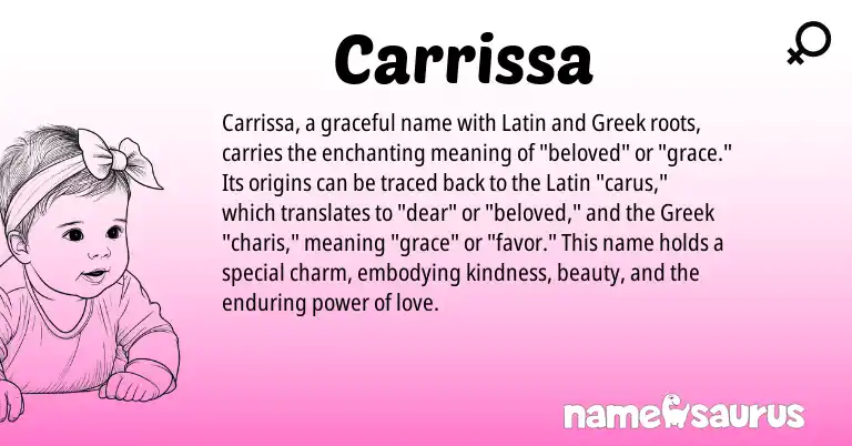 Infographic about Carrissa name meaning, Carrissa is a name from Latin, Greek origin(s).