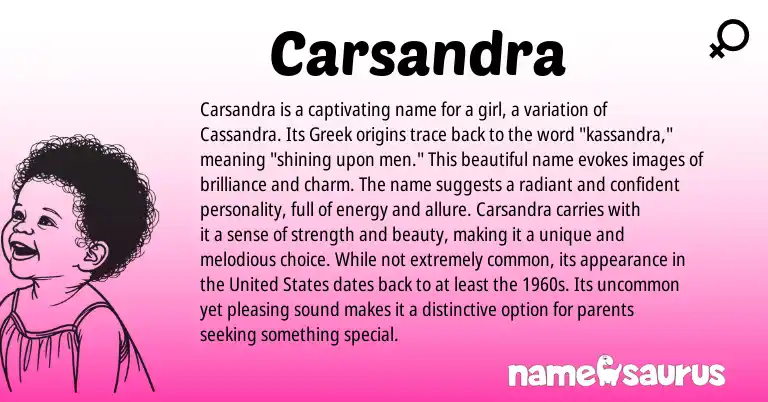 Infographic about Carsandra name meaning, Carsandra is a name from English, Greek origin(s).