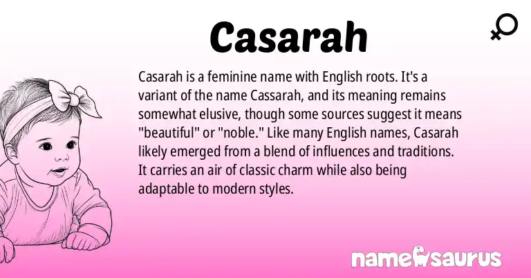 Infographic about Casarah name meaning, Casarah is a name from English origin(s).