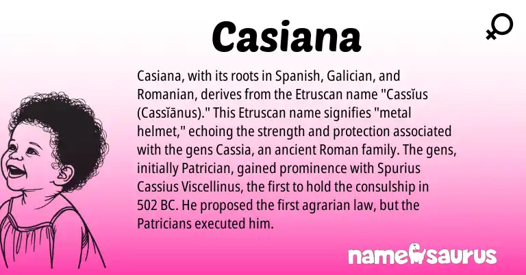Infographic about Casiana name meaning, Casiana is a name from Spanish, Etruscan, Roman, Galician, Romanian origin(s).