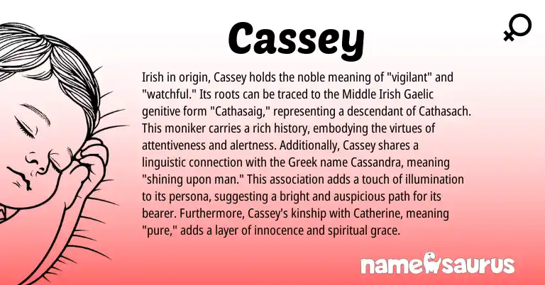 Infographic about Cassey name meaning, Cassey is a name from Irish, Gaelic, Greek origin(s).