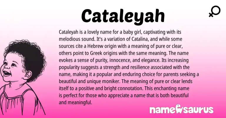 Infographic about Cataleyah name meaning, Cataleyah is a name from Greek origin(s).