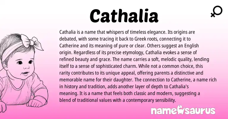 Infographic about Cathalia name meaning, Cathalia is a name from Greek origin(s).