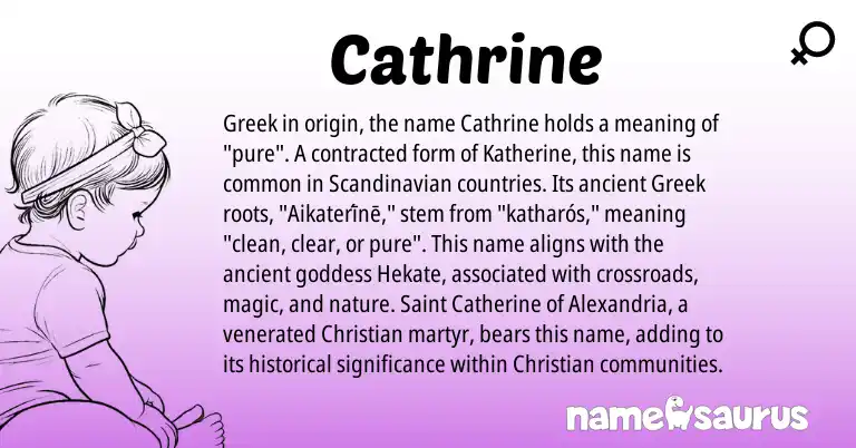 Infographic about Cathrine name meaning, Cathrine is a name from Scandinavian, Greek origin(s).