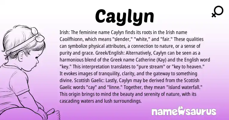 Infographic about Caylyn name meaning, Caylyn is a name from Irish, English, Gaelic, Greek, Scottish origin(s).
