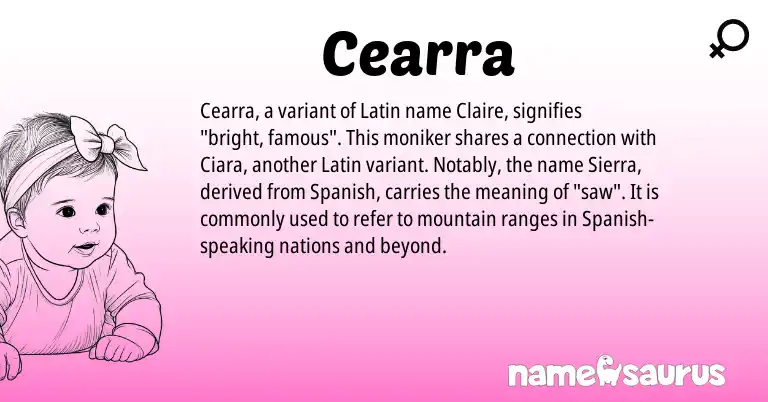 Infographic about Cearra name meaning, Cearra is a name from Spanish, Latin origin(s).