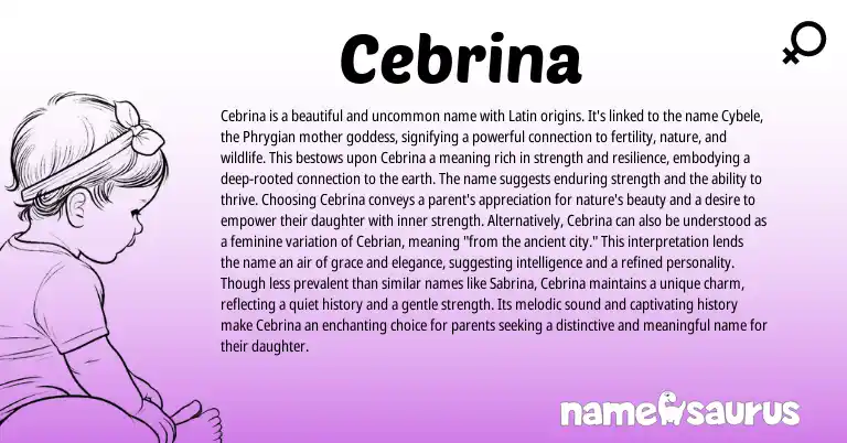Infographic about Cebrina name meaning, Cebrina is a name from Latin origin(s).