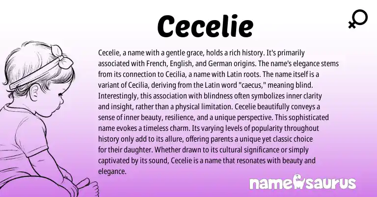 Infographic about Cecelie name meaning, Cecelie is a name from Latin origin(s).