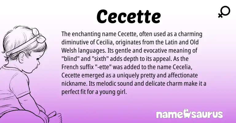 Infographic about Cecette name meaning, Cecette is a name from Old Welsh, French, Latin origin(s).