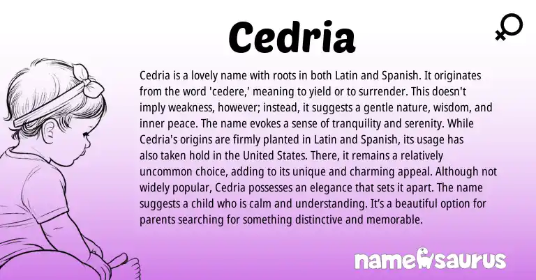Infographic about Cedria name meaning, Cedria is a name from Latin, Spanish origin(s).