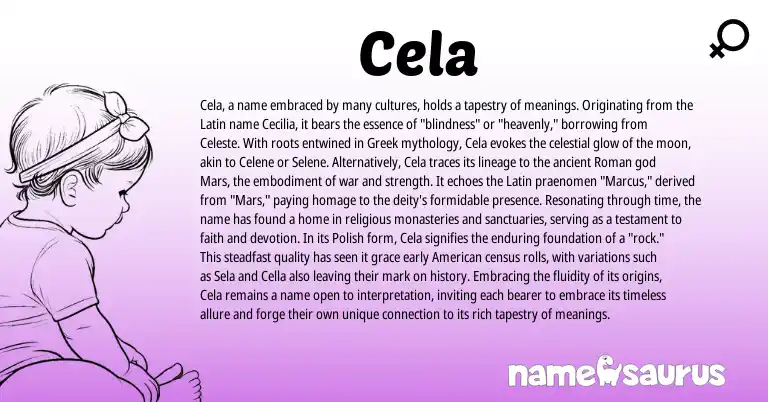 Infographic about Cela name meaning, Cela is a name from Polish, Roman, Latin, Greek, American origin(s).