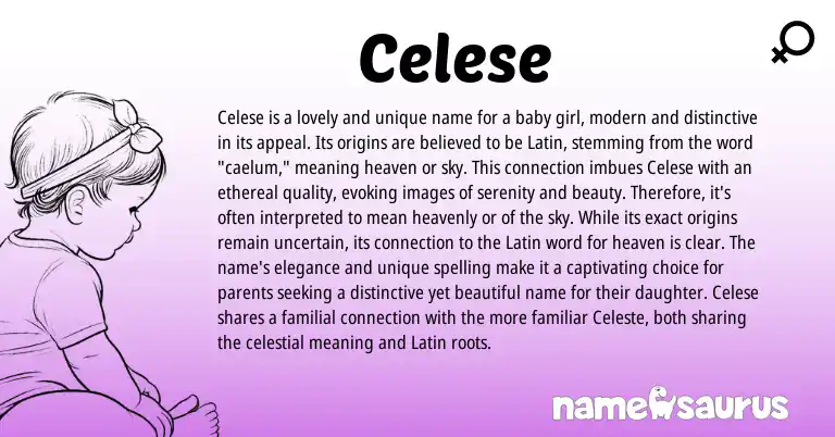 Infographic about Celese name meaning, Celese is a name from Latin origin(s).