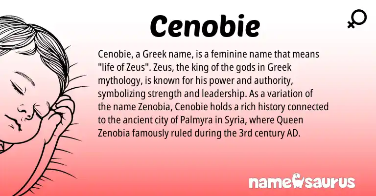 Infographic about Cenobie name meaning, Cenobie is a name from Syria, Greek origin(s).
