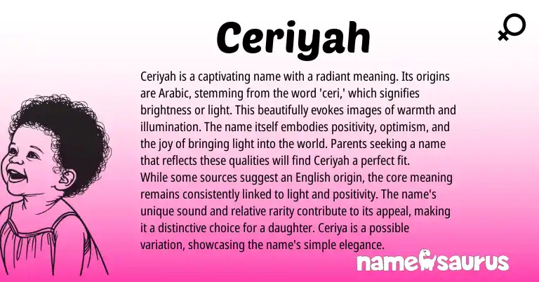 Infographic about Ceriyah name meaning, Ceriyah is a name from Arabic origin(s).