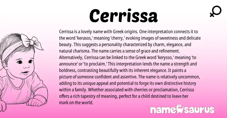 Infographic about Cerrissa name meaning, Cerrissa is a name from Greek origin(s).