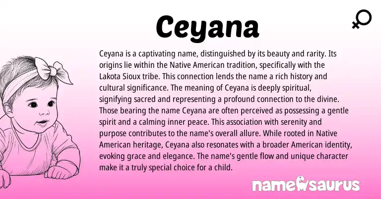Infographic about Ceyana name meaning, Ceyana is a name from Sioux, American, Lakota origin(s).