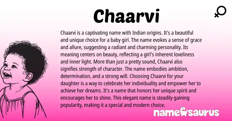 Infographic about Chaarvi name meaning, Chaarvi is a name from Indian, Sanskrit origin(s).