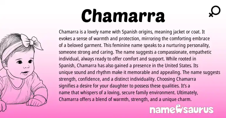 Infographic about Chamarra name meaning, Chamarra is a name from Spanish origin(s).
