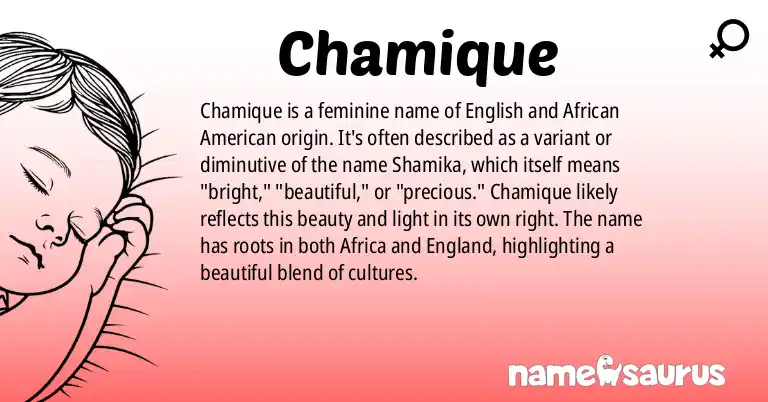 Infographic about Chamique name meaning, Chamique is a name from English (African), African American origin(s).