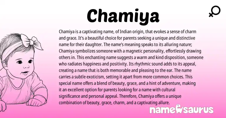 Infographic about Chamiya name meaning, Chamiya is a name from Indian origin(s).