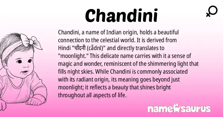 Infographic about Chandini name meaning, Chandini is a name from Indian, Kannada, Telugu, Tamil origin(s).