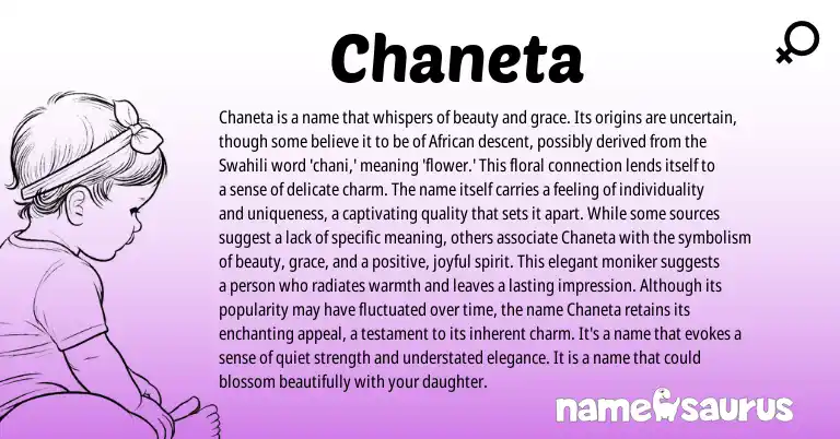 Infographic about Chaneta name meaning, Chaneta is a name from African, Swahili origin(s).