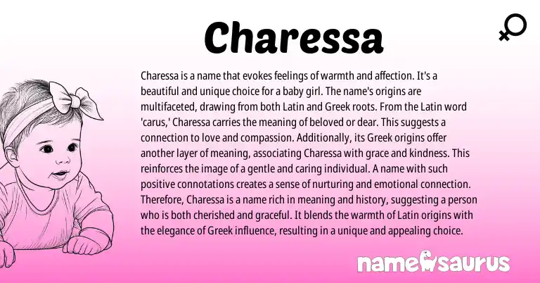 Infographic about Charessa name meaning, Charessa is a name from Latin, English origin(s).