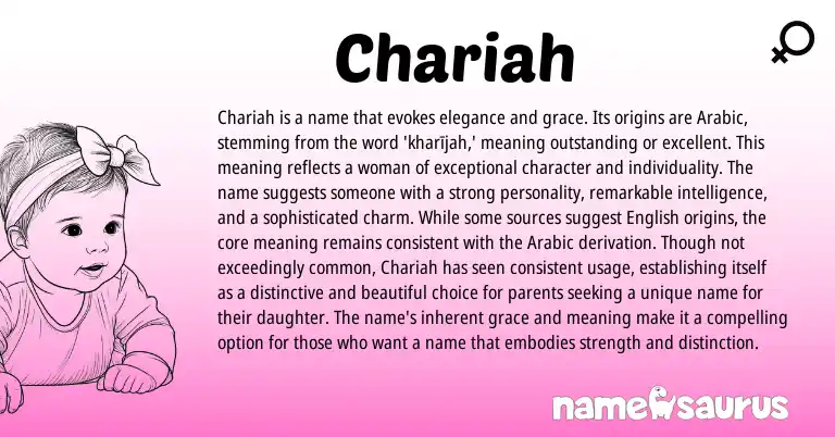 Infographic about Chariah name meaning, Chariah is a name from Arabic origin(s).