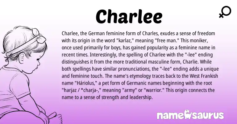 Infographic about Charlee name meaning, Charlee is a name from German, Germanic, Frankish origin(s).