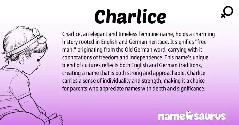 Infographic about Charlice name meaning, Charlice is a name from English (American), German origin(s).