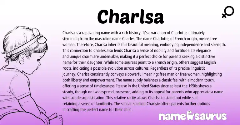 Infographic about Charlsa name meaning, Charlsa is a name from French, American origin(s).