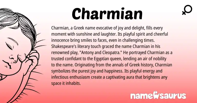Infographic about Charmian name meaning, Charmian is a name from Egyptian, Greek origin(s).