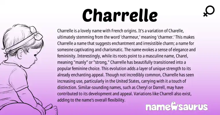 Infographic about Charrelle name meaning, Charrelle is a name from French origin(s).