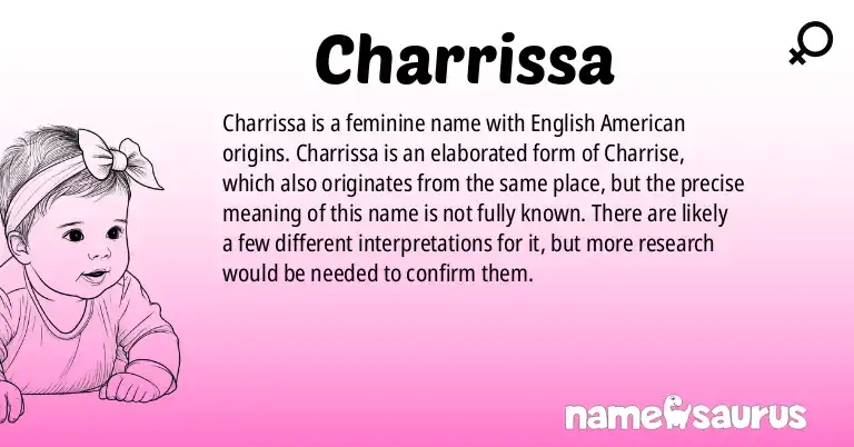 Infographic about Charrissa name meaning, Charrissa is a name from English (American) origin(s).