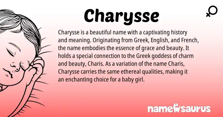 Infographic about Charysse name meaning, Charysse is a name from English, French, Greek origin(s).
