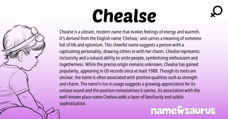 Infographic about Chealse name meaning, Chealse is a name from English, American origin(s).
