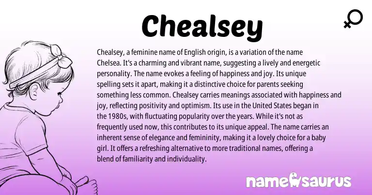 Infographic about Chealsey name meaning, Chealsey is a name from English origin(s).
