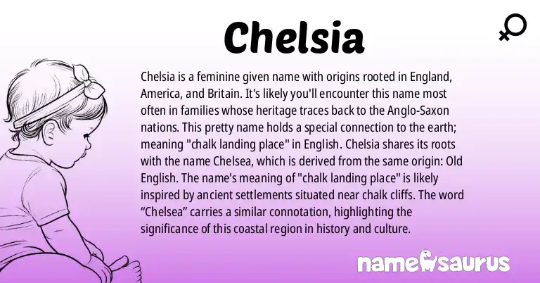 Infographic about Chelsia name meaning, Chelsia is a name from English, American, British origin(s).