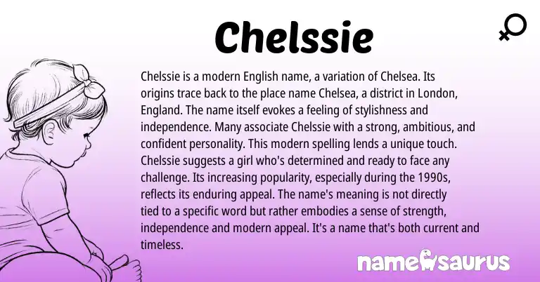Infographic about Chelssie name meaning, Chelssie is a name from English origin(s).