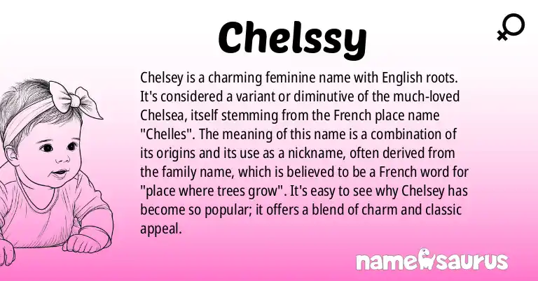 Infographic about Chelssy name meaning, Chelssy is a name from English origin(s).