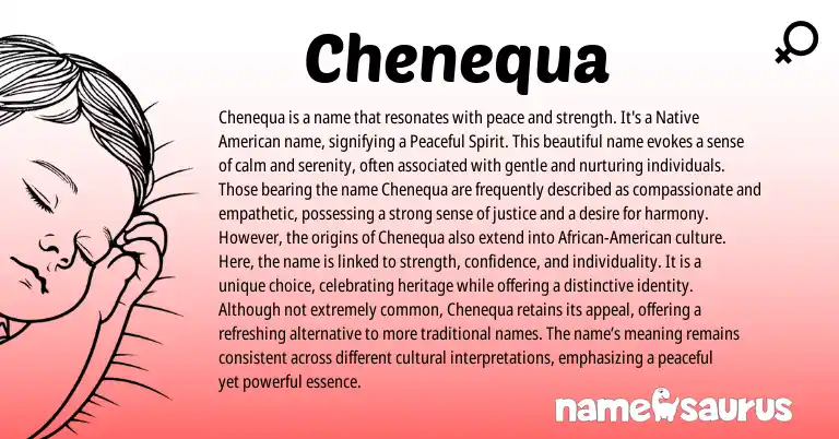 Infographic about Chenequa name meaning, Chenequa is a name from American origin(s).