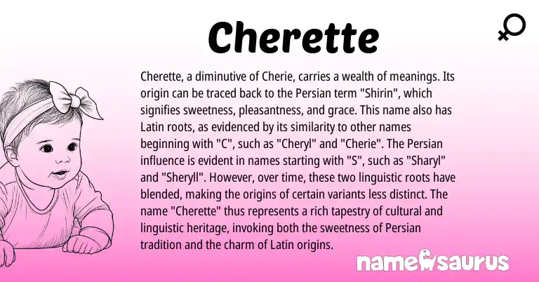 Infographic about Cherette name meaning, Cherette is a name from Persian, Latin origin(s).