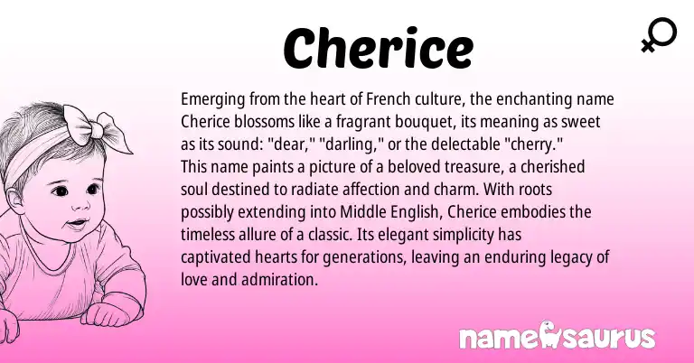 Infographic about Cherice name meaning, Cherice is a name from Middle English, French origin(s).