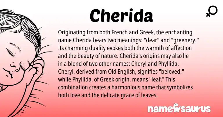 Infographic about Cherida name meaning, Cherida is a name from Old English, French, Greek origin(s).