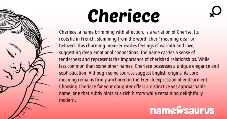Infographic about Cheriece name meaning, Cheriece is a name from French, English origin(s).